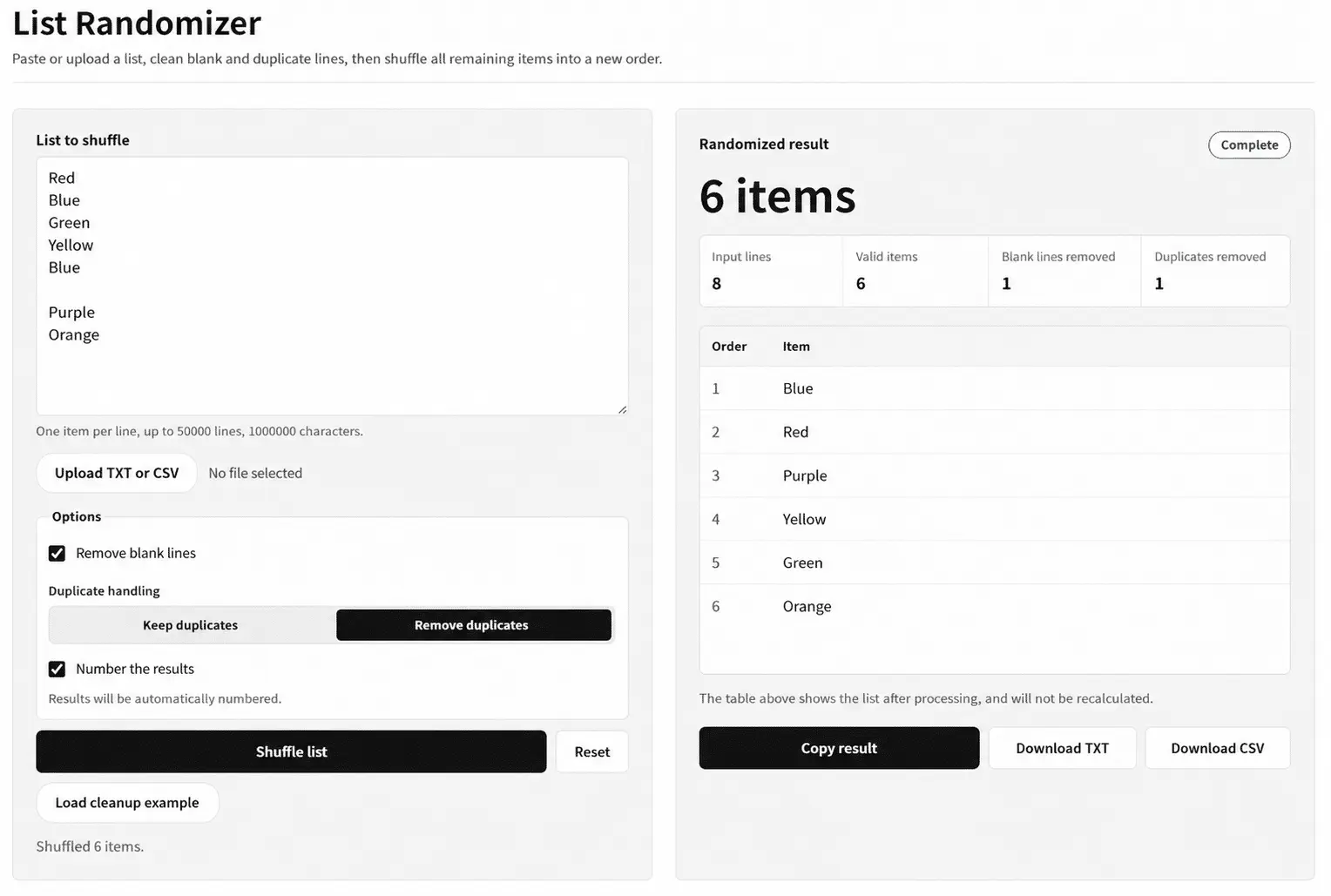 List randomizer with list input, cleanup options, shuffled results, and item counts